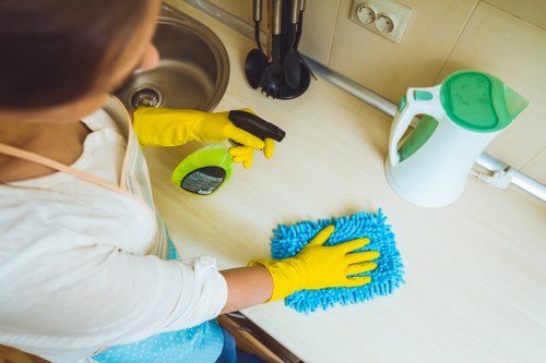Cleaner applying deep sofa cleaning treatment in Merton Park